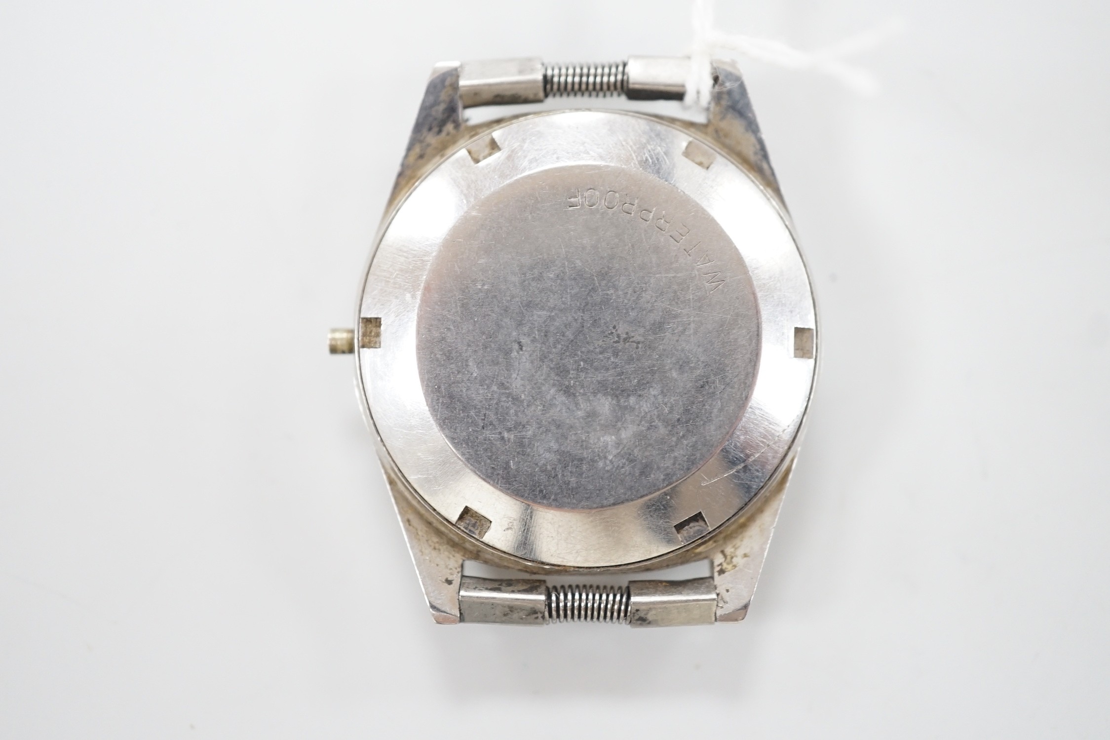 A gentleman's late 1960's stainless steel Omega manual wind wrist watch, movement c. 552 (rust in movement), case diameter 35mm, lacking winding crown, no strap.
